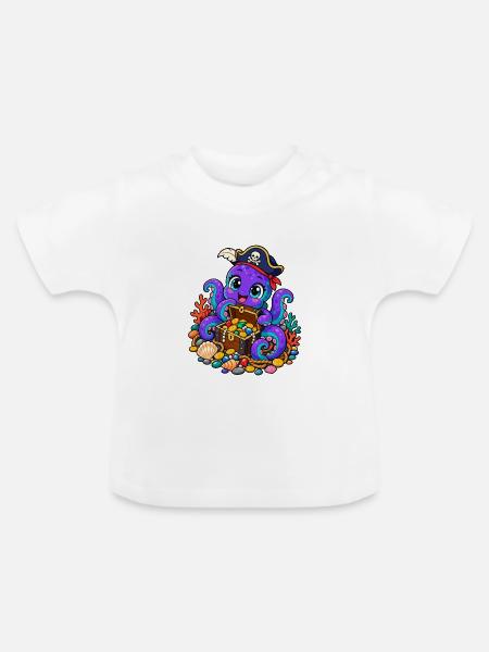 Piraten-Tintenfisch mit Schatztruhe - Baby Bio-T-Shirt mit Rundhals - Weiß