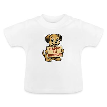 Petit chiot mignon avec bouclier – Joyeux premier anniversaire - T-shirt bio col rond Bébé - blanc - Devant