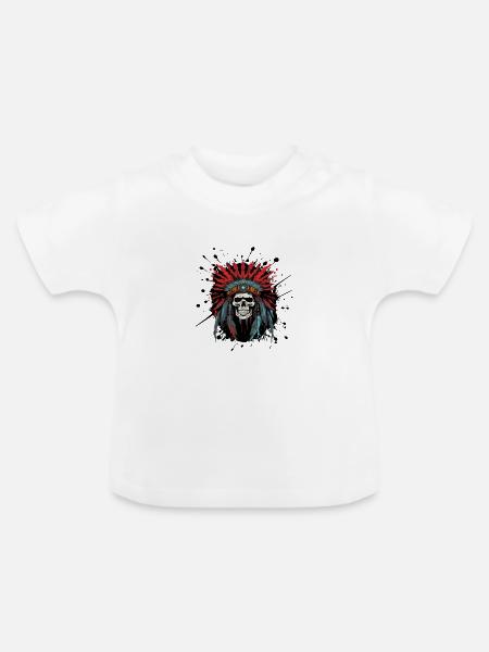Schädel mit Federkrone – Tribal Design - Baby Bio-T-Shirt mit Rundhals - Weiß