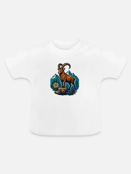 Steinbock auf Bergwiese - Baby Bio-T-Shirt mit Rundhals - Weiß