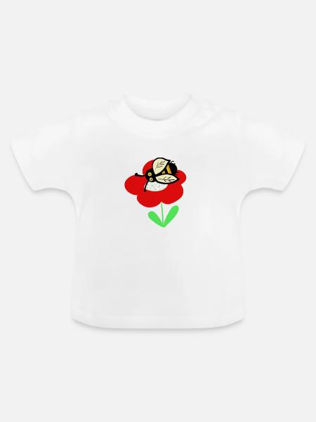 Rote Blume mit putzigen Bienchen - Baby Bio-T-Shirt mit Rundhals - Weiß
