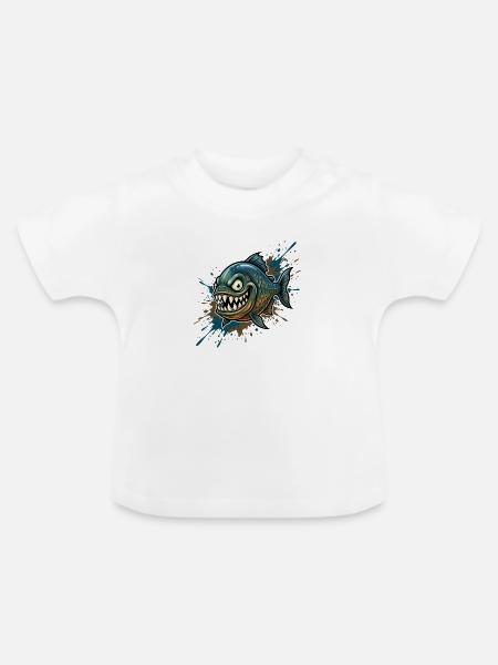 Mutiger Piranha mit Farbspritzern - Baby Bio-T-Shirt mit Rundhals - Weiß