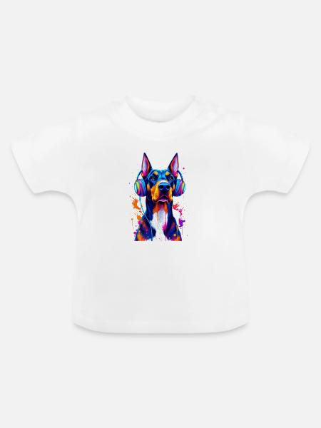 Dobermann mit Kopfhörern - Baby Bio-T-Shirt mit Rundhals - Weiß