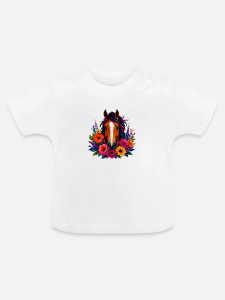 Pferd mit Blütenkranz - Baby Bio-T-Shirt mit Rundhals - Weiß