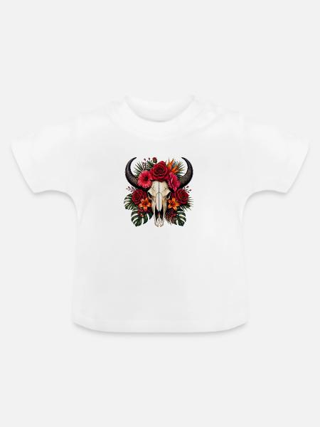 Blumen-Schädel mit Hörnern - Baby Bio-T-Shirt mit Rundhals - Weiß