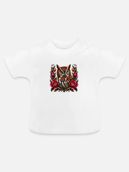 WaldEule im Blütenkranz - Baby Bio-T-Shirt mit Rundhals - Weiß
