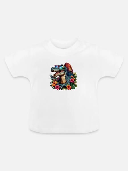 Tropen-Dinosaurier mit Sonnenbrille - Baby Bio-T-Shirt mit Rundhals - Weiß