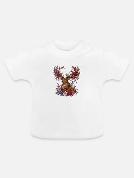 Floraler Hirsch mit Blütengeweih - Baby Bio-T-Shirt mit Rundhals - Weiß