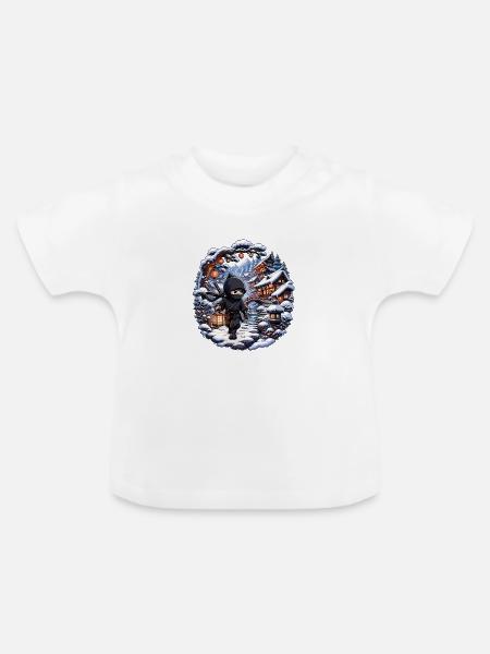Winterninja im verschneiten Dorf - Baby Bio-T-Shirt mit Rundhals - Weiß
