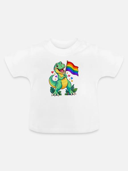 T-Rex mit Regenbogenflagge – Pride Dino - Baby Bio-T-Shirt mit Rundhals - Weiß