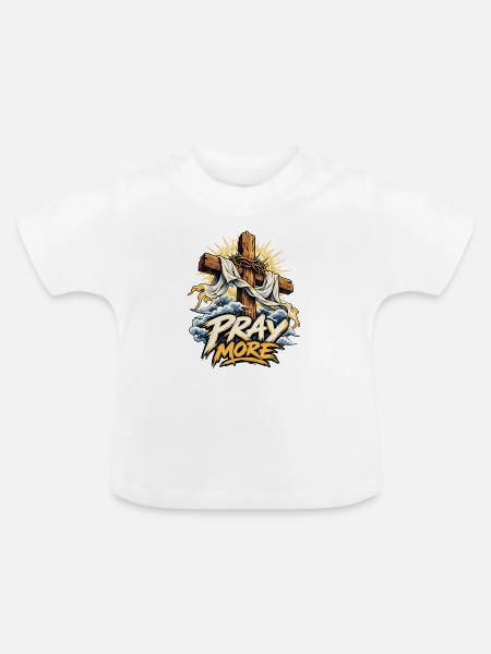 Pray More Kreuz Motiv - Baby Bio-T-Shirt mit Rundhals - Weiß