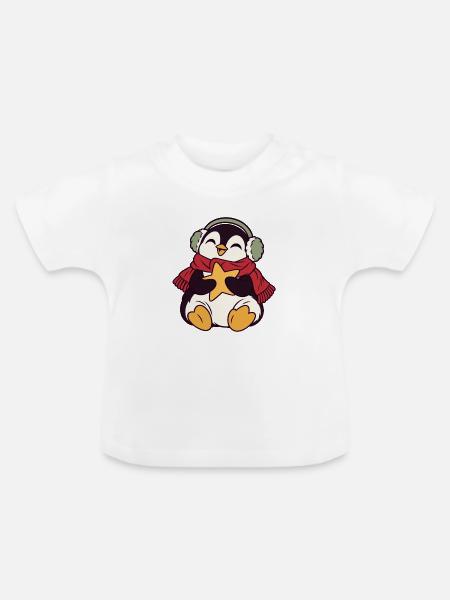 Winterpinguin mit Stern und Kopfhörern - Baby Bio-T-Shirt mit Rundhals - Weiß