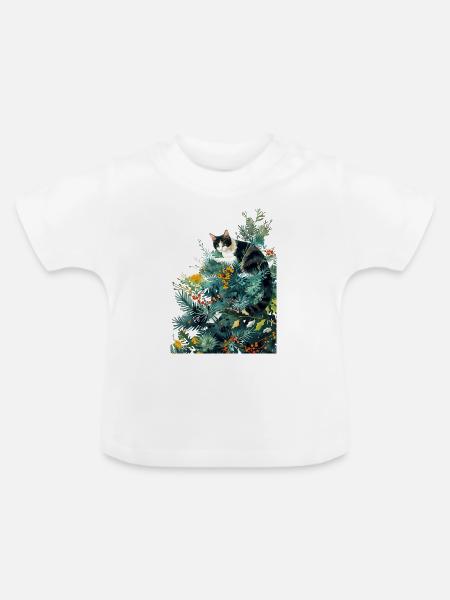 Katze am Weihnachtsbaum - Baby Bio-T-Shirt mit Rundhals - Weiß