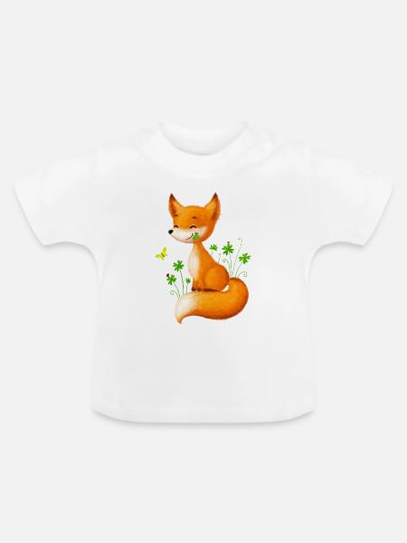 Süßer Fuchs in Kleeblättern - Baby Bio-T-Shirt mit Rundhals - Weiß