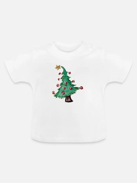 Aquarell-Weihnachtsbaum mit roten Ornamenten - Baby Bio-T-Shirt mit Rundhals - Weiß