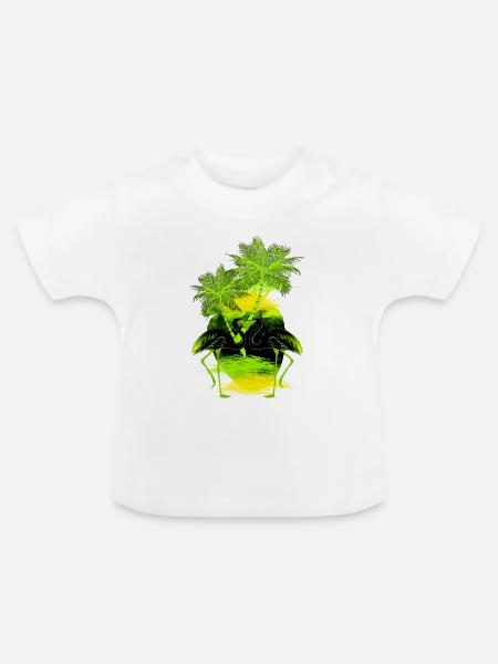 Palmen Flamingo grün gelb - Baby Bio-T-Shirt mit Rundhals - Weiß
