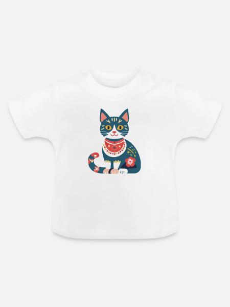süße Folklore-Katze - Baby Bio-T-Shirt mit Rundhals - Weiß