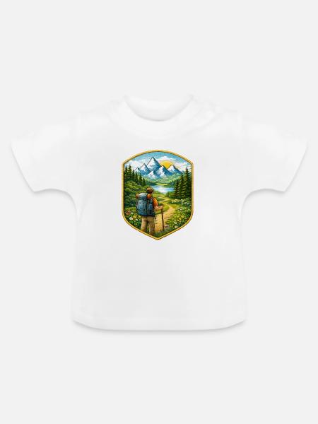 Wanderer Patch mit Berglandschaft  - Baby Bio-T-Shirt mit Rundhals - Weiß