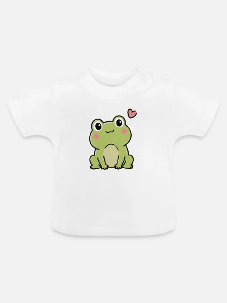 Süßer Kawaii-Frosch mit Herz-Cartoon-Aufkleber - Baby Bio-T-Shirt mit Rundhals - Weiß