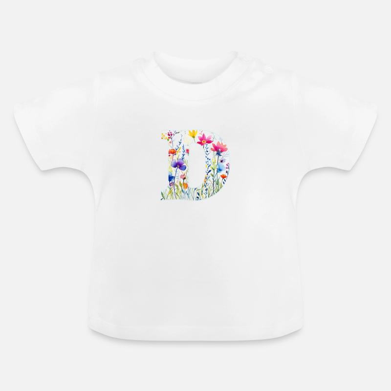 Buchstabe D, Monogramm, Blumenmuster - Baby Bio-T-Shirt mit Rundhals - Weiß