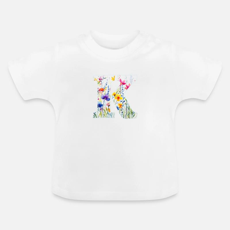 Buchstabe K, Monogramm, Blumenmuster - Baby Bio-T-Shirt mit Rundhals - Weiß