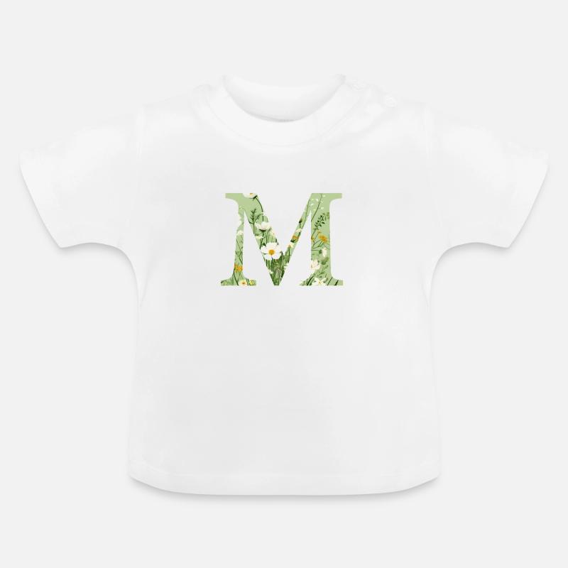 Buchstabe M, Monogramm, Blumenmuster - Baby Bio-T-Shirt mit Rundhals - Weiß