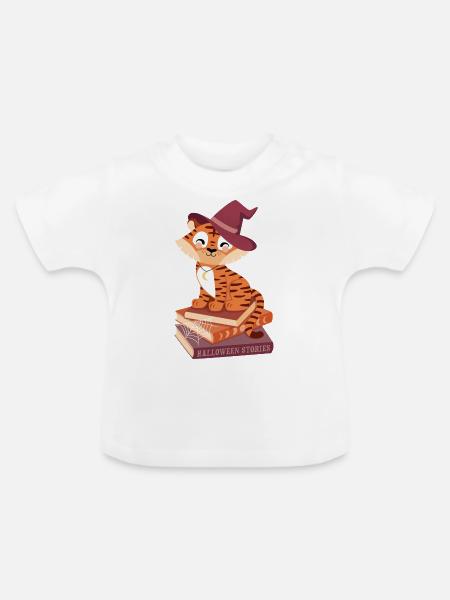 Tiger auf Halloween-Bücherstapel - Baby Bio-T-Shirt mit Rundhals - Weiß