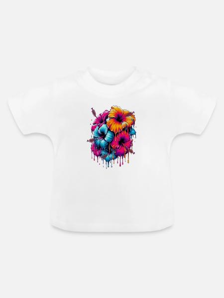 Hibiskusblüten - Baby Bio-T-Shirt mit Rundhals - Weiß