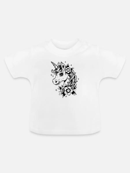 Einhorn mit Blumen - Baby Bio-T-Shirt mit Rundhals - Weiß