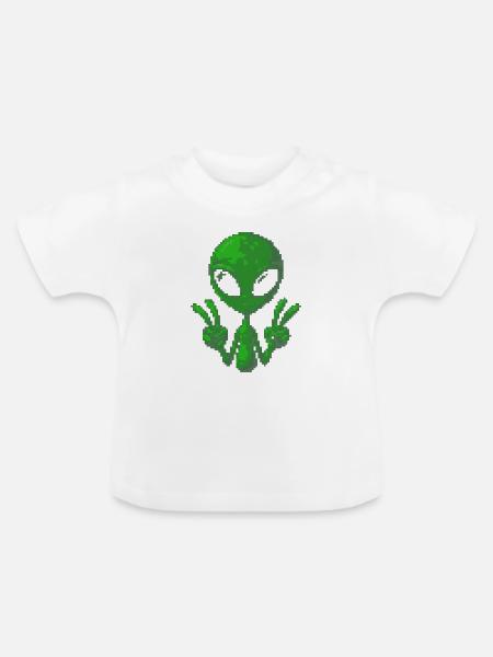 Pixel Alien Friedenszeichen - Baby Bio-T-Shirt mit Rundhals - Weiß