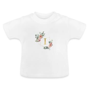 Customizable Monogram I Floral - Baby Organic T-Shirt with Round Neck - white - Front