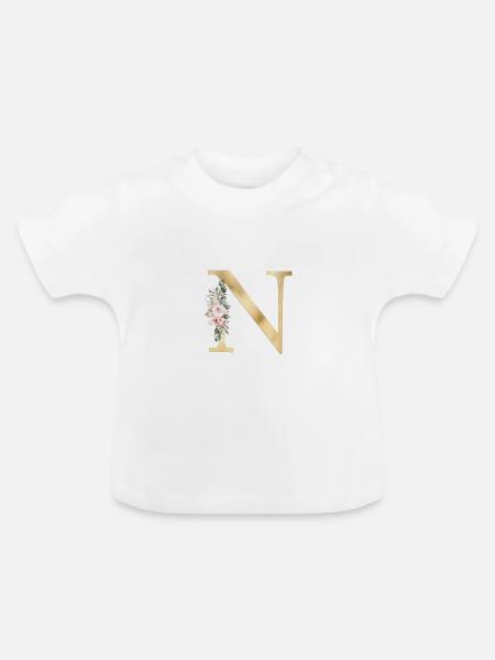 N Personalisierbar Monogramm Floral - Baby Bio-T-Shirt mit Rundhals - Weiß