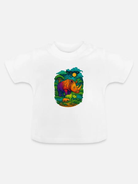 Regenbogen Rhino - Baby Bio-T-Shirt mit Rundhals - Weiß