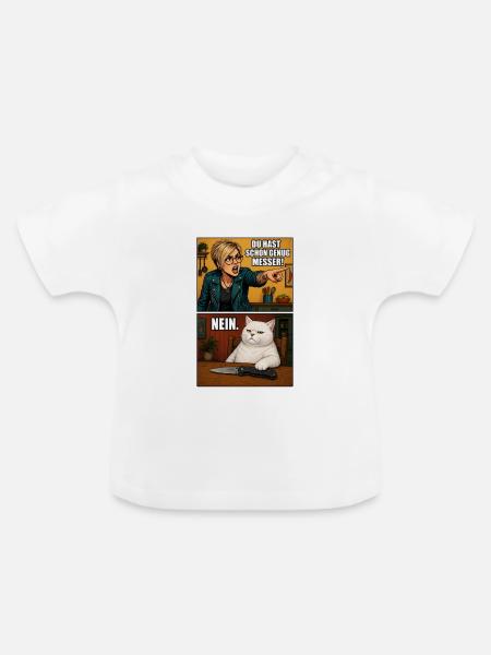 Küchenkonfrontation: Mutige Chefin vs Katze - Baby Bio-T-Shirt mit Rundhals - Weiß