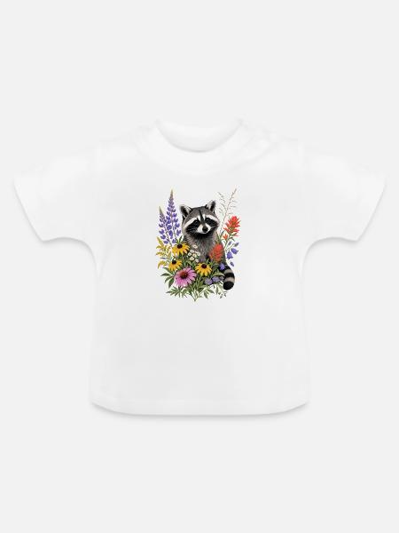 Waschbär in Blumenwiese - Baby Bio-T-Shirt mit Rundhals - Weiß