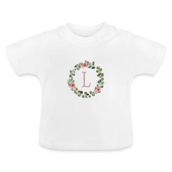 L Monogram Eucalyptus Rose Wreath - Baby Organic T-Shirt with Round Neck - white - Front