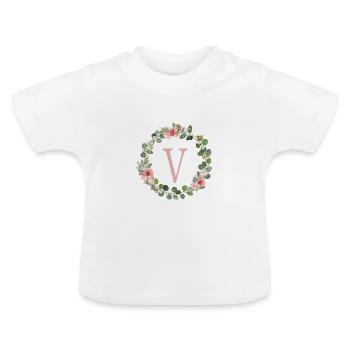 V Monogram Eucalyptus Rose Wreath - Baby Organic T-Shirt with Round Neck - white - Front