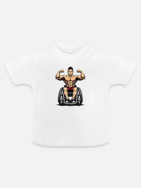 Starker Mann Rollstuhl Fitness Design - Baby Bio-T-Shirt mit Rundhals - Weiß