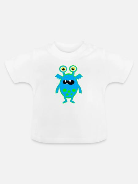 Neonblauer Monster mit großen Augen - Baby Bio-T-Shirt mit Rundhals - Weiß