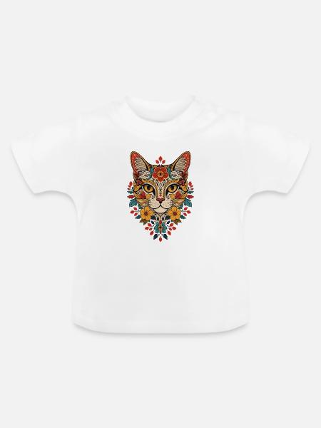 Blumenkatze Kopfdesign floral - Baby Bio-T-Shirt mit Rundhals - Weiß