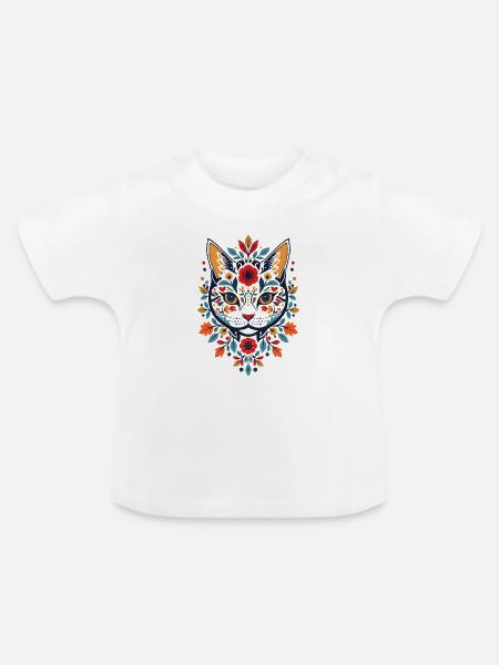 Blumenkatze im Folk-Art Stil - Baby Bio-T-Shirt mit Rundhals - Weiß
