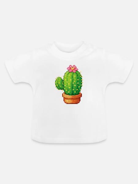 Pixelkaktus mit Blüte - Baby Bio-T-Shirt mit Rundhals - Weiß