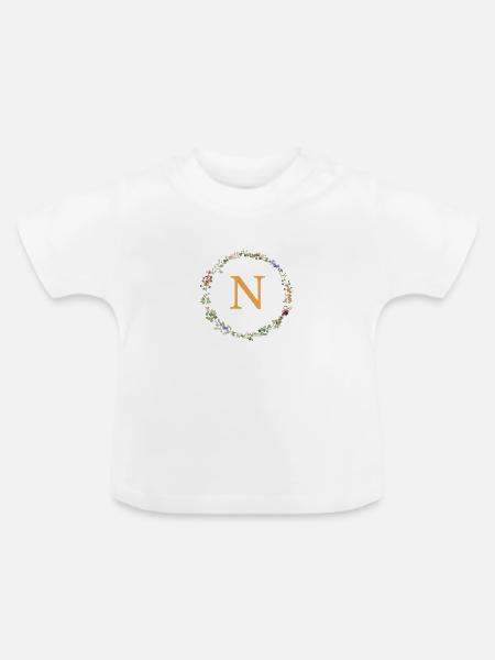 N Monogramm, Blumenkranz-Wildblumen - Baby Bio-T-Shirt mit Rundhals - Weiß