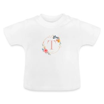 T Monogram Floral, Floral Wreath, Personalizable - Baby Organic T-Shirt with Round Neck - white - Front