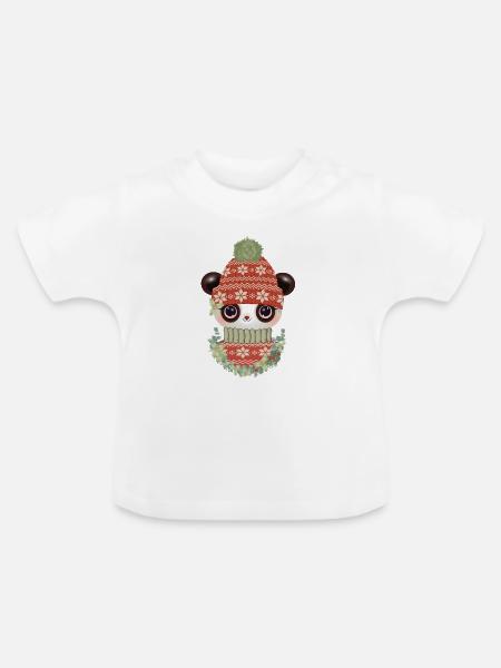 niedlicher Panda mit Pullover,Bommelmütze & Kranz - Baby Bio-T-Shirt mit Rundhals - Weiß