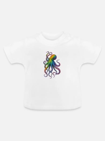 Bunter Regenbogen Oktopus Design - Baby Bio-T-Shirt mit Rundhals - Weiß