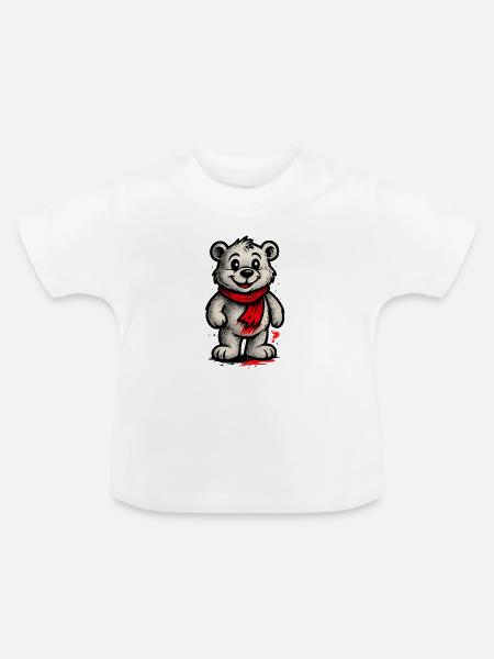 Kuschelbär mit rotem Schal - Baby Bio-T-Shirt mit Rundhals - Weiß