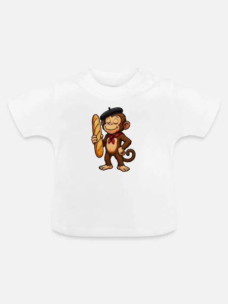 Baguette-Affe mit Baskenmütze - Baby Bio-T-Shirt mit Rundhals - Weiß