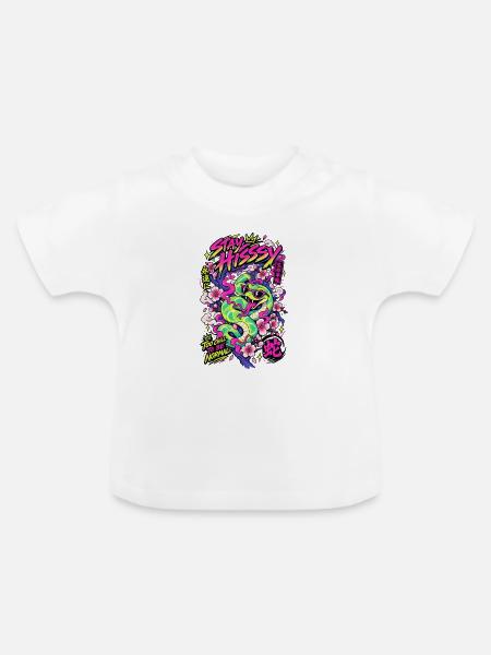 Neon Drachen im Blütenrausch - Baby Bio-T-Shirt mit Rundhals - Weiß