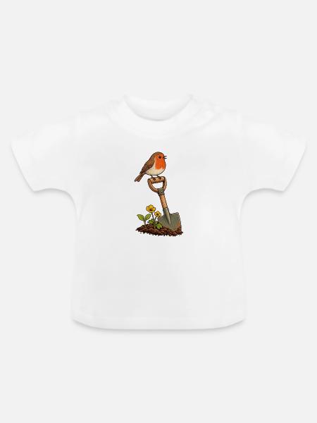 Rotkehlchen auf dem Gartenspaten - Baby Bio-T-Shirt mit Rundhals - Weiß